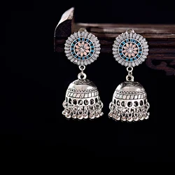 Ethnic Hollow Flower Turkish Jhumka Earrings For Women Vintage Indian Jewelry Silver Color Bell Tassel Dangling Earrings