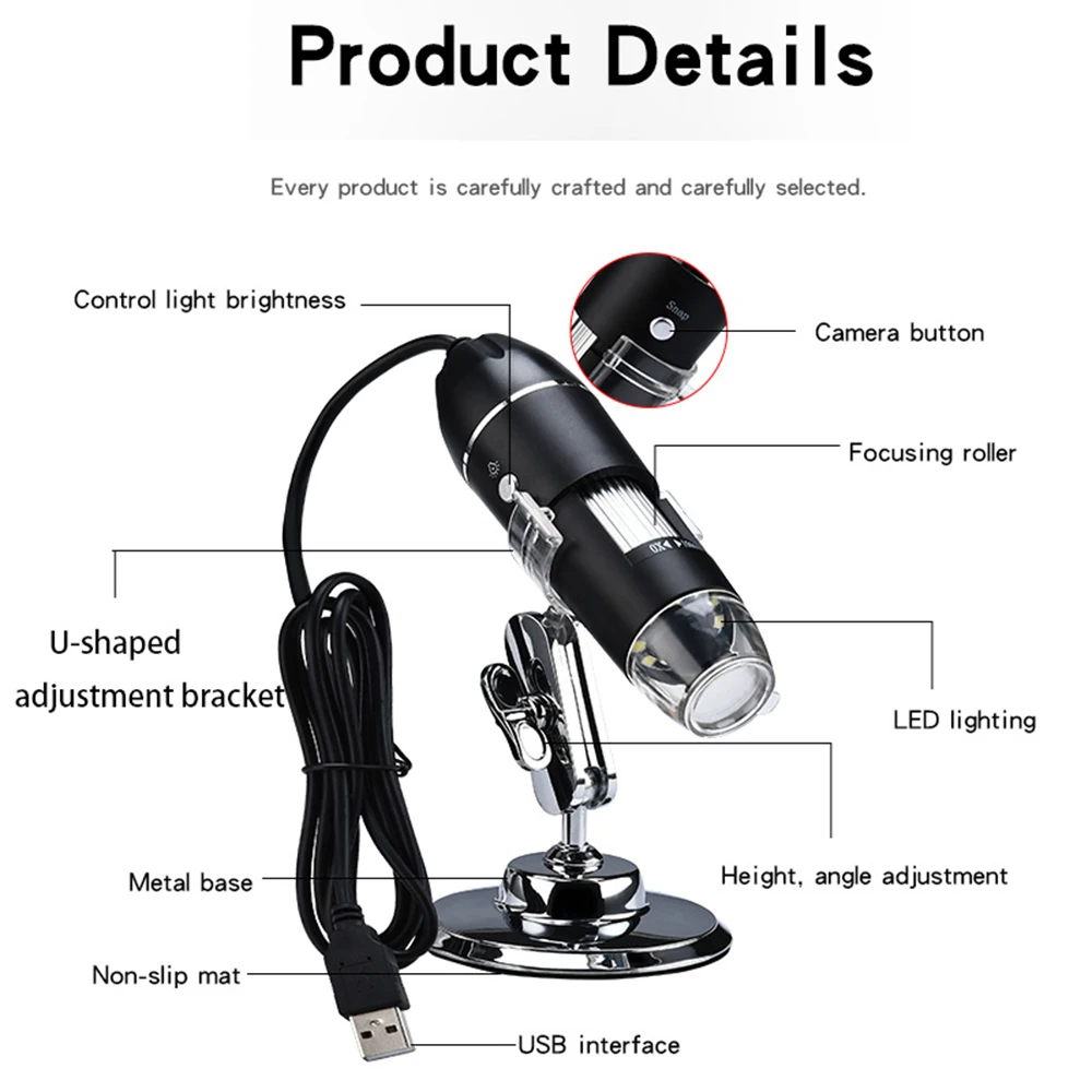 1000 1600x USB Digital Microscope Camera Endoscope 8LED Magnifier with Metal Stand for Mobile Phone Repairing Hair Skin