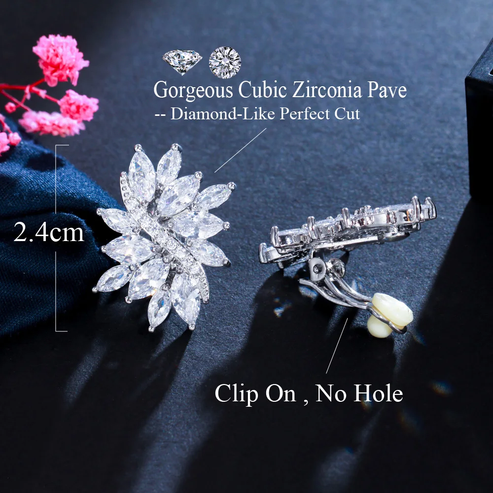 CWWZircons Classic Flower Shape CZ Stones Silver Color No Pierced Hole Ear Clip On Earrings Jewelry for Women CZ160