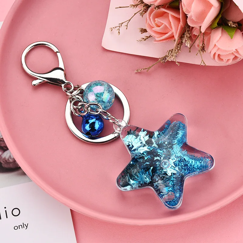 Five-Pointed Star Sequin Acrylic Key Chain Move Glitter Quicksand Liquid Keyring Bag Pendant For Women Men Keychain