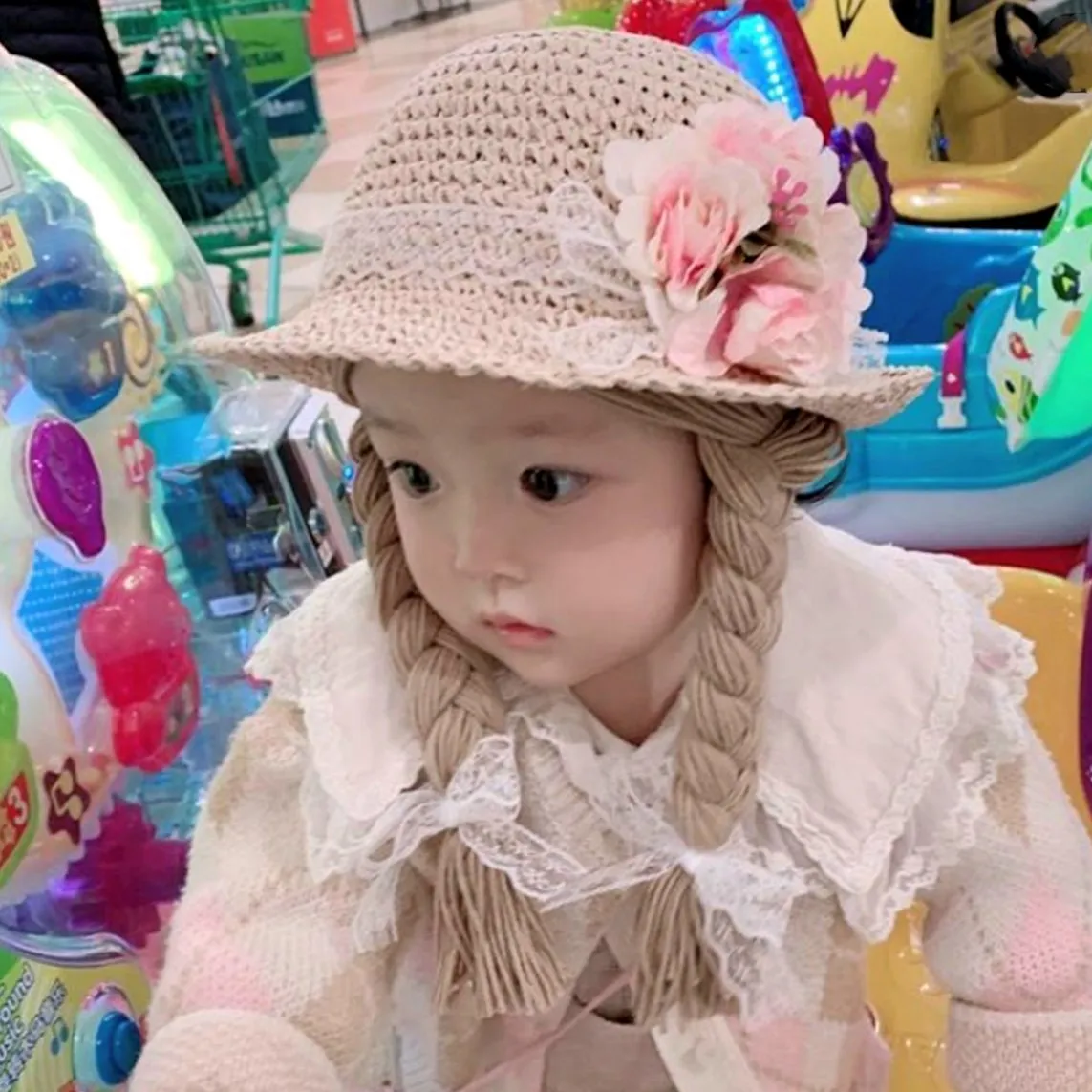 Spring Summer Baby Kids Girl Sun Block Beach Hat Hair Pigtail Braid Wig Bucket Cap Children Girls Princess Flower Straw Hat Cap