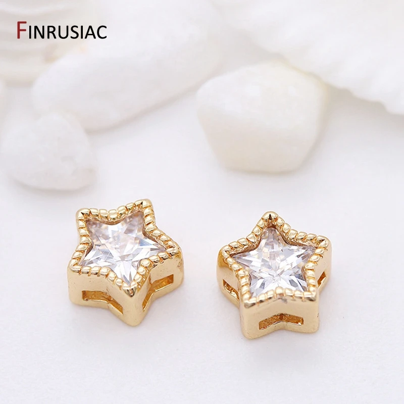 14K Gold Plated Inlaid Zircon Pentagram Spacer Beads Accessories,High Quality Brass Metal Loose Beads DIY Jewelry Making Craft
