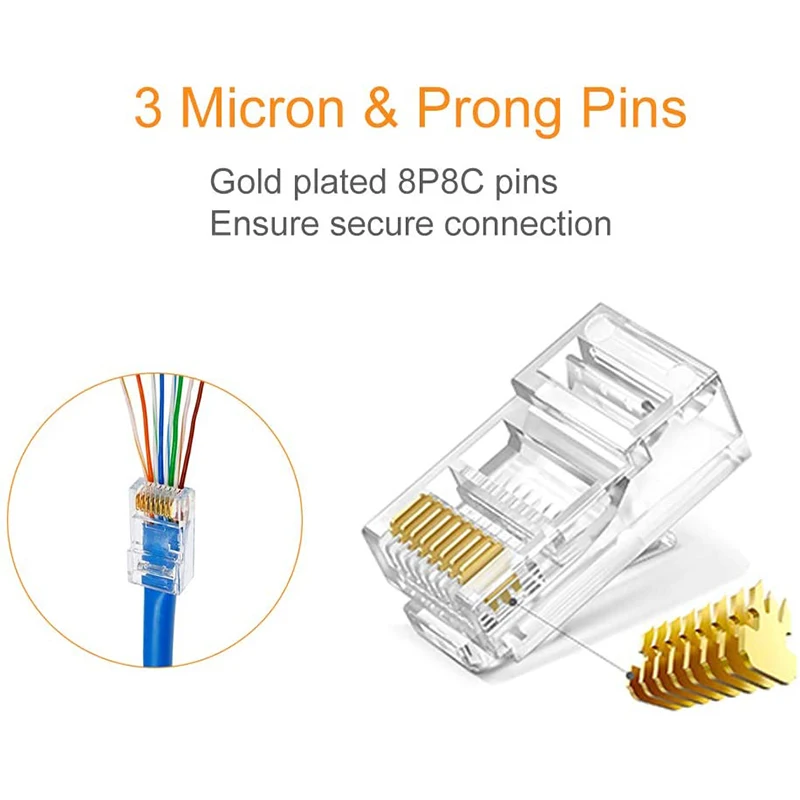 RJ45 passagem através do conector, cabo Ethernet, Crimp conectores, Rede Plug Set, Cat6, Cat5e