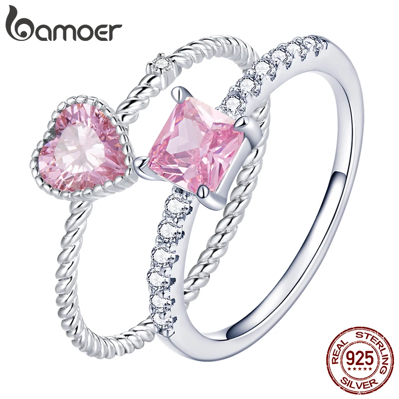 bamoer Real 925 Sterling Silver Pink Love CZ Ring For Fashion Women Cute Fine Jewelry Wedding Accessories Gift BSR157