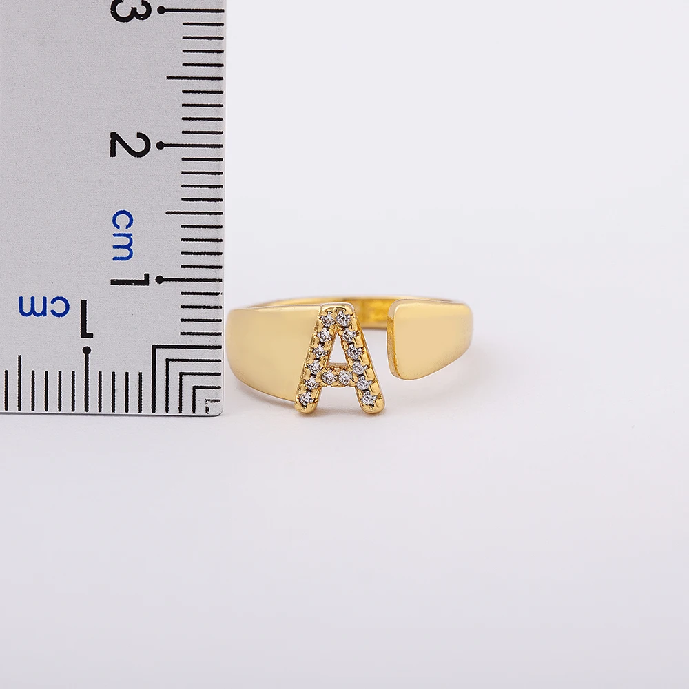 Fashion Chunky Wide Hollow A-Z Letter Gold Color Adjustable Opening Ring Initials Name Alphabet Female Party Wedding Jewelry