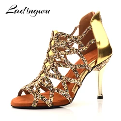 Ladingwu-botas de baile para mujer y niña, zapatos de baile latino, dorados, de salón, Salsa, Tango, tacón de Metal de 8,5 cm