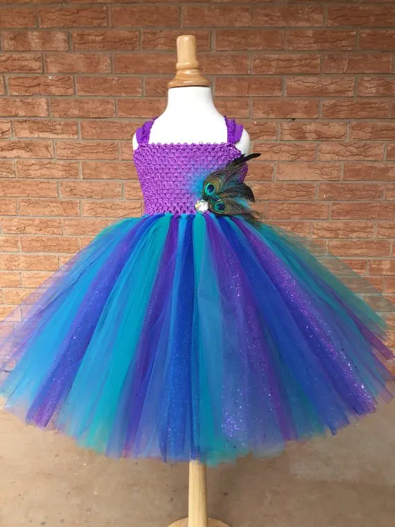 Girls Peacock Feather Flower Tutu Dress Kids Crochet Glitter Tulle Dress Children Birthday Party Banquet Costume Cosplay Dresses