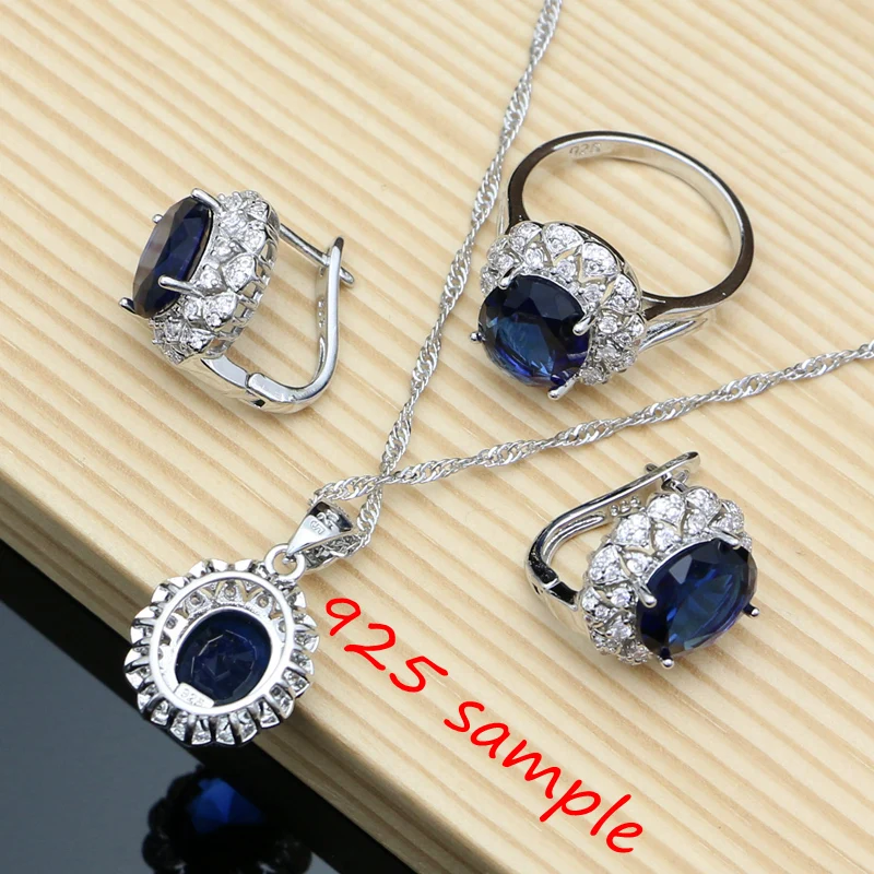 Silver 925 Jewelry Sets for Women Wedding Bridal Birthday Jewelry Blue Tanzanite Bracelet Rings Earrings Pendant Necklace Set