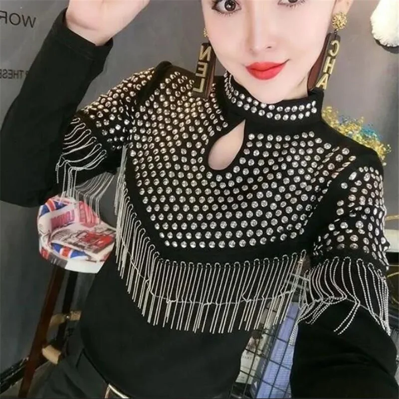 Tassel Hot Drill Tee Women T-shirt Spring Fall Hollow Out Pullover Stand-up Collar Long Sleeve Shiny Cotton Female T-Shirt