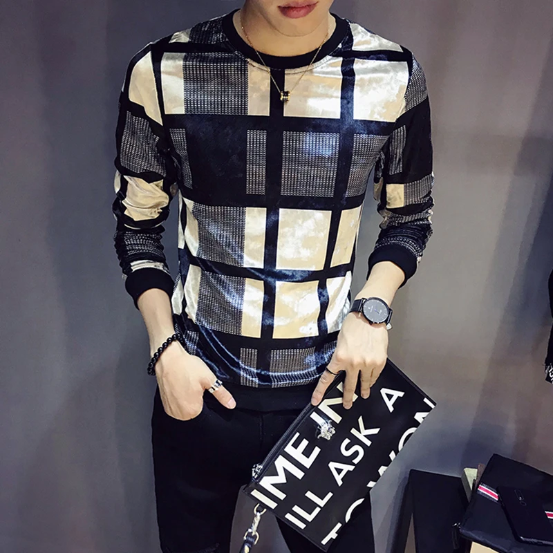

Luxury Men's Velvet T-Shirt Autumn and Winter Plaid Print T-Shirt Men's Club Clothing Men Slim Long Sleeve O-Neck Velvet T-Shirt