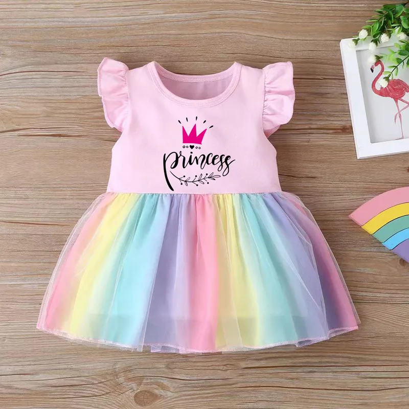 Princess Printed Cute Baby Girl Clothes Cotton Flying Sleeve Girls Rainbow Dresses Casual Toddler Vestidos Birthday Party Dress