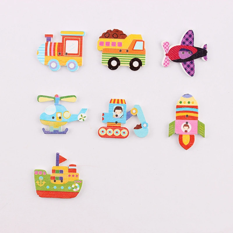 50pcs/lot Cute Cartoon Car Airplane Color Wooden Buttons for Sewing DIY Scrapbooking Accessories Decorative Buttons for Crafts