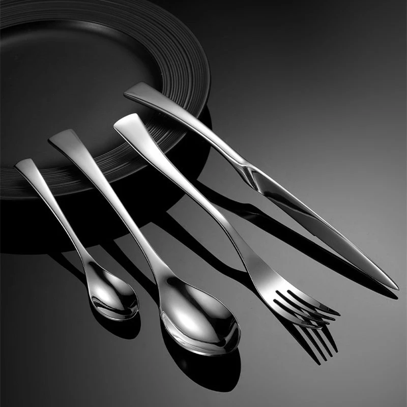 

6Set/24Pcs Cutlery Set Silver Cutlery Set Black Western Dinnerware Stainless Steel Luxury Dinnerware Fork Spoon Knife Tableware