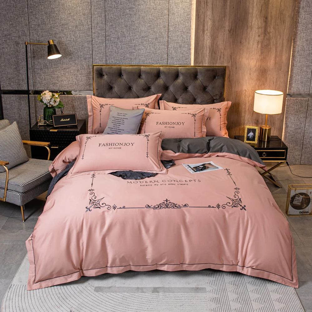 

2021 Four-piece bedding simple cotton double household bed sheet quilt cover embroidered twill comfortable bedding pink color