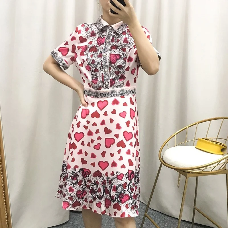 Love Red Dot Printed Dress Women Summer Chiffon Short Sleeve Elegant Dress Vintage Brand Design Girls Preppy Knee Length Dresses