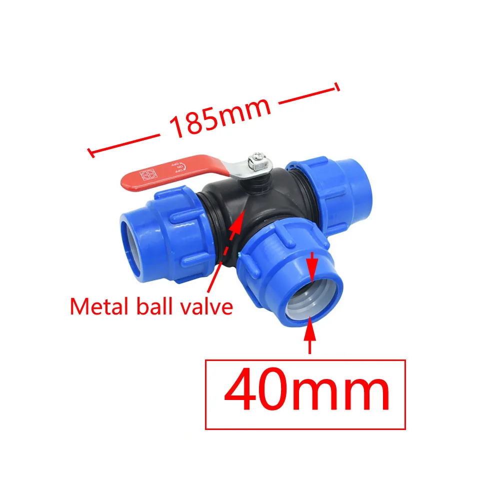 PE 3-Way Fast Connection Pipe Valve Plastic Ball Valve T-Type Water Splitte Internal Diameter 20/25/32/40/50mm Tube Accessories