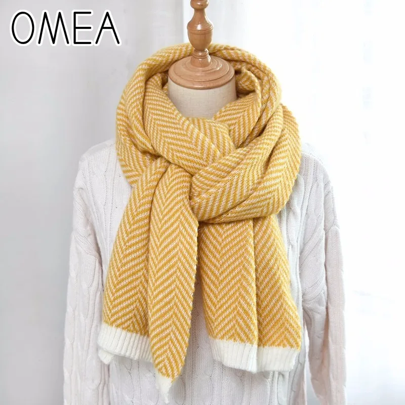 OMEA 2019 Cashmere Scarf Winter Accessories Herringbone Wool Scarf Women Knitted Shawls and Wraps Blanket Scarf Luxury Thickened