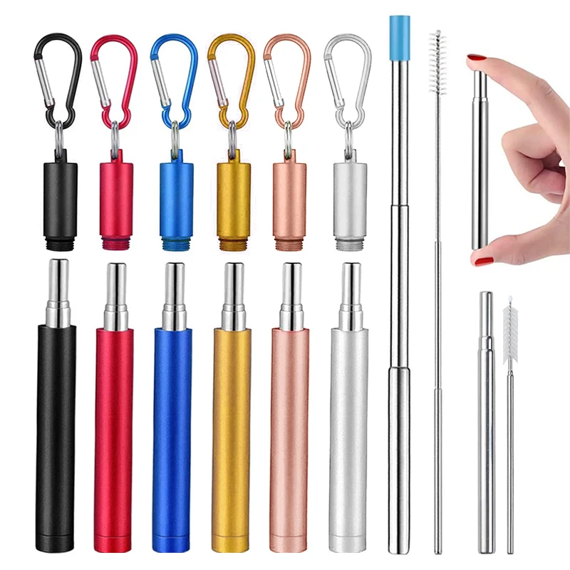 Reusable Stainless Steel Metal Telescopic Straw Collapsible Portable Travel Drinking Folding Straw Set with Cleaning Brush Case