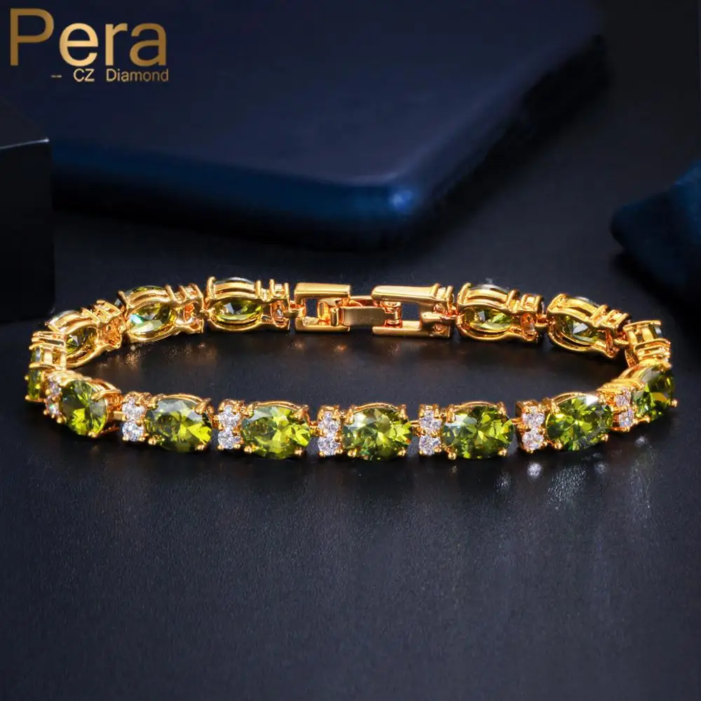 Pera Brand Design Olive Green CZ Zircon Yellow Gold Color Round Link Bracelets for Women Luxury Wedding Party Femme Jewelry B180