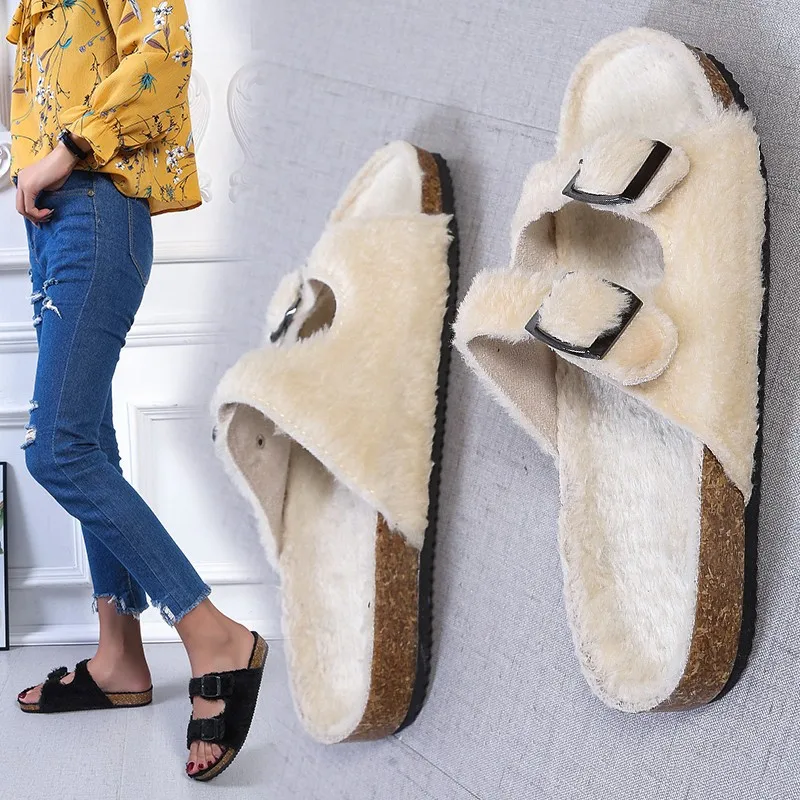 

European fur one thick sole fur slippers for women autumn and winter wear 2024 new fashion belt buckle cotton shoes birkenstock