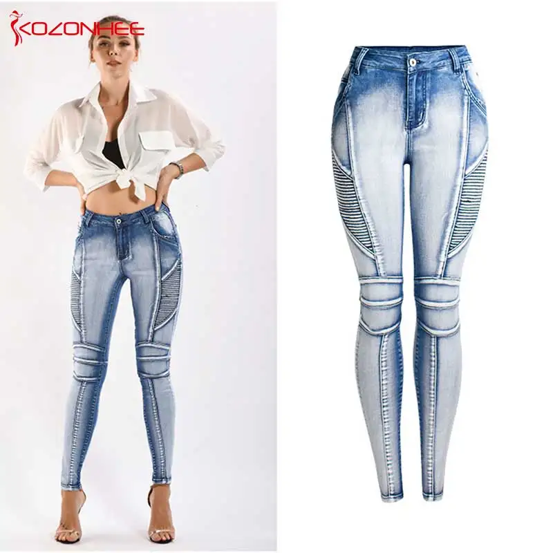 Fashion Stretch Motorcycle Biker Jeans Women Mid-Waist Female Elasticity Women's Tights Skinny Pencil Jeans #73