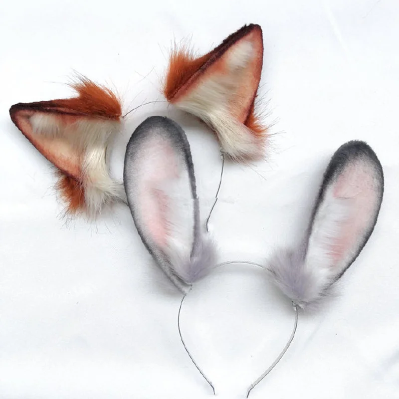 Handmade Work Gray Bunny Rabbit Ears Red Fox Ears Fold Style Hairhoop Headband Headwear Cosplay Halloween Accessories For Women