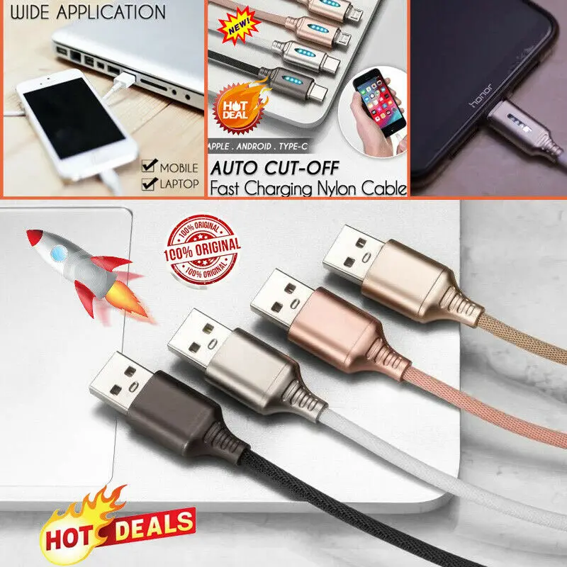 Auto Cut-off Fast Charging Nylon Cable Degree Data Sync Phone Cable ORIGINAL BEST QUALITY FAST SHIP