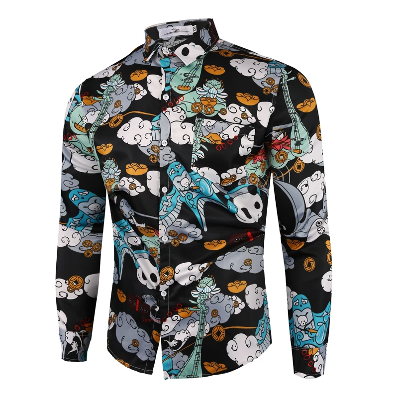 

Long Sleeve Shirt 2021 Single Breasted Tops Sexy Men clothing Autumn Print Casual Open Stitch Mens Blouse