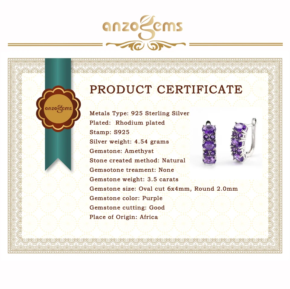 African Natural Amethyst Hoop Earrings 925 sterling silver 3.5ct purple gemstone fine jewelry for women's Mom gift clasp earring