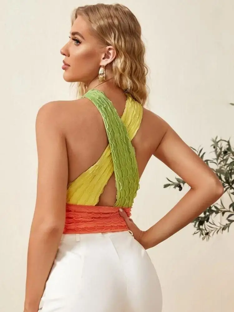 Women Neck Bandage Crop Top Knitted Sexy 2021 Summer Color Bar Backless Sleeveless Casual Off Shoulder Tank Tops Party Bralette