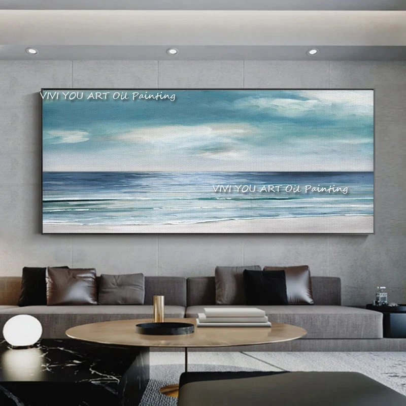 The New Sea View Handpainted Nordic Creative White Wall Art Canvas Cuadro Modern Abstract Painting Wall Pictures Blue Sky Cloud