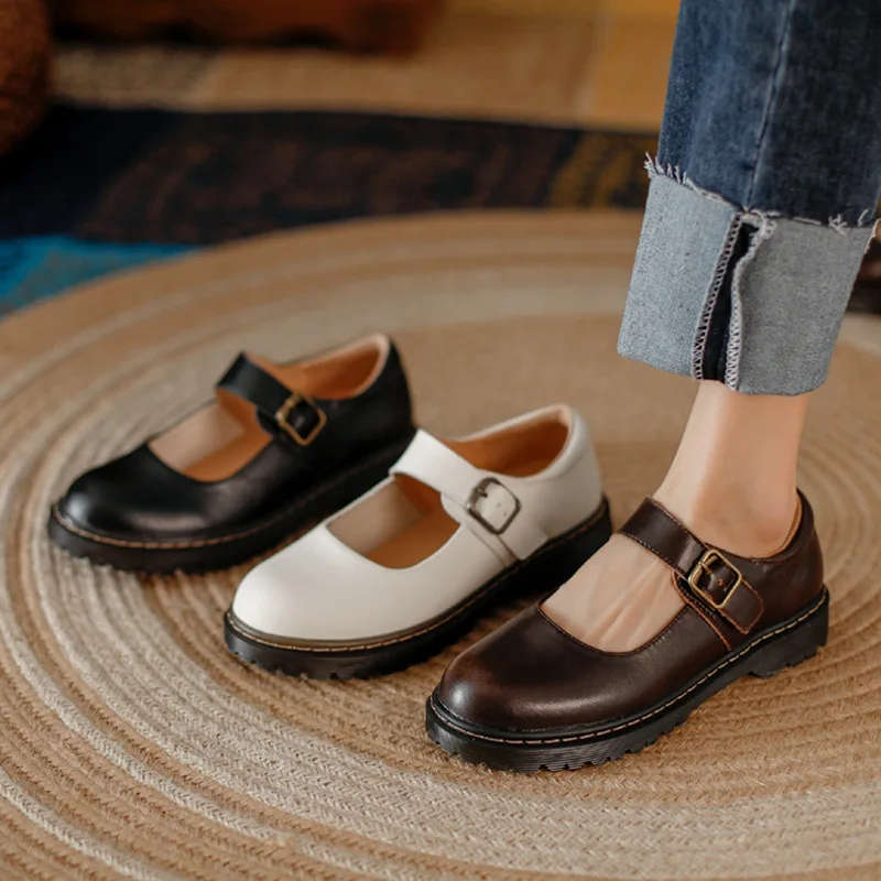 Brown Leather Vintage Nostalgia Buckle Platform Mary Janes Shoes Women Shallow Student  Thick Bottom Cowhide Black Loafers