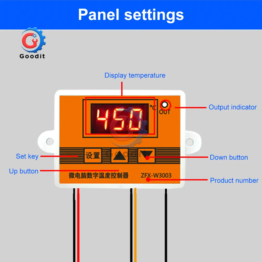 W3003 microcomputer digital intelligent thermostat red display 12/24V/220V K-type thermocouple sensor 0-450 ℃