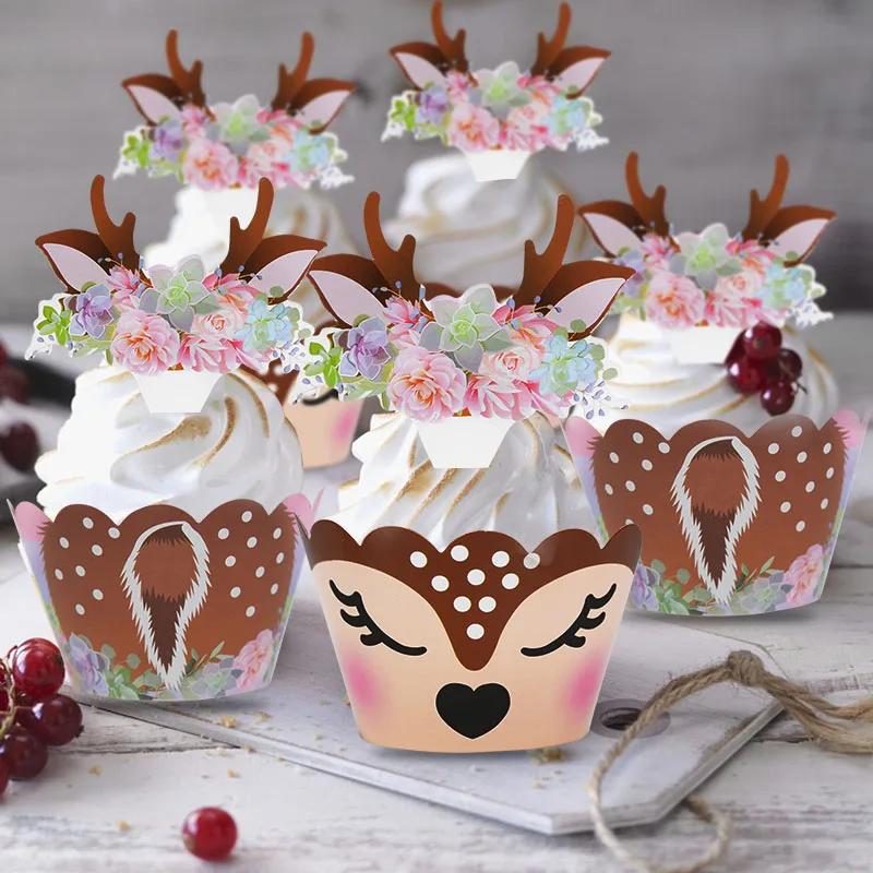 12/24 stücke Cartoon Sika Deer Cupcake Wrapper Geweih Papier Kuchen Topper Frohe Weihnachten Weihnachten Neue Jahr Geburtstag Party Dekoration – Detail 20