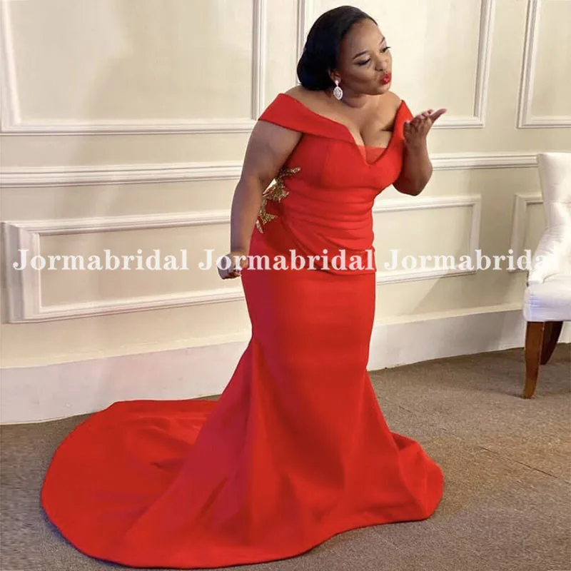 

Off Shoulder Red Evening Dresses With Exquisite Gold Appliques Plus Size Mermaid Satin Wedding Party Gowns vestidos de cerimonia