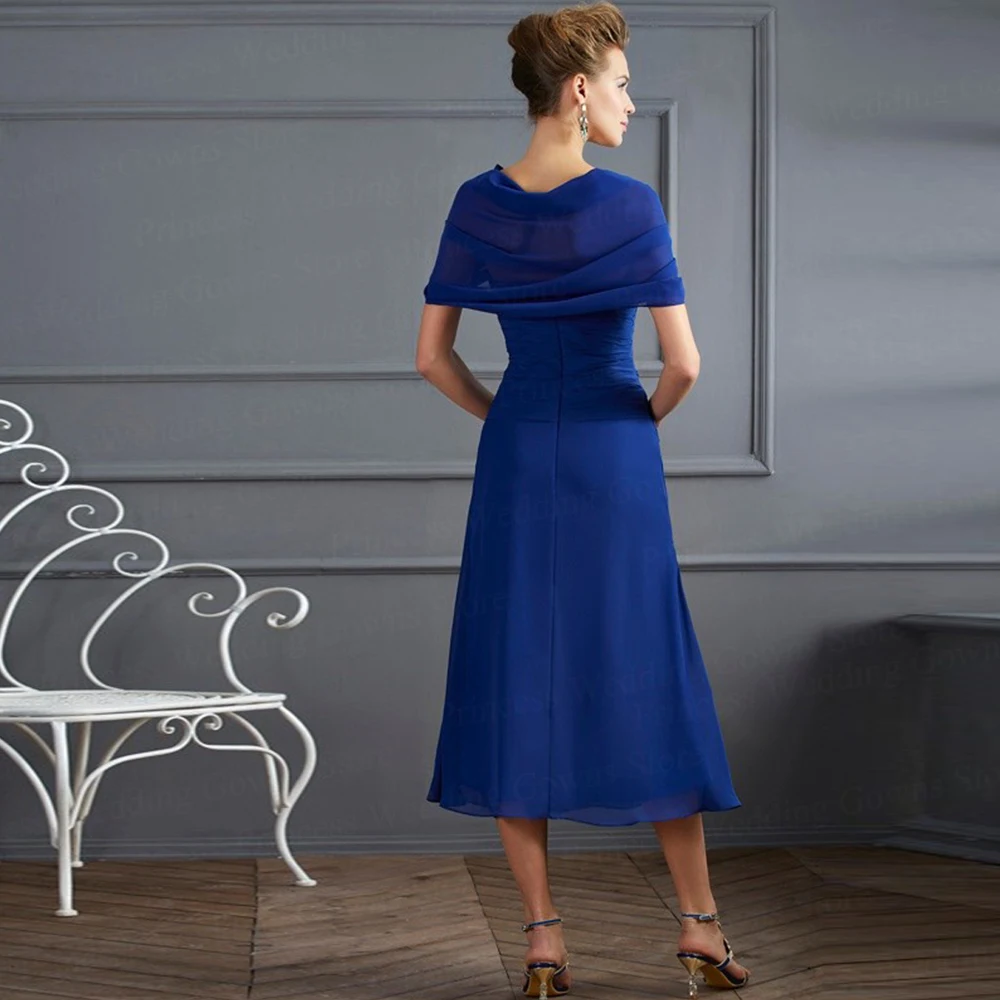 Tea Length Chiffon Elegant Mother Of The Bride Dresses Wedding Party Gown With Pleat Sequins Groom Mom Vestido De Noche 2021
