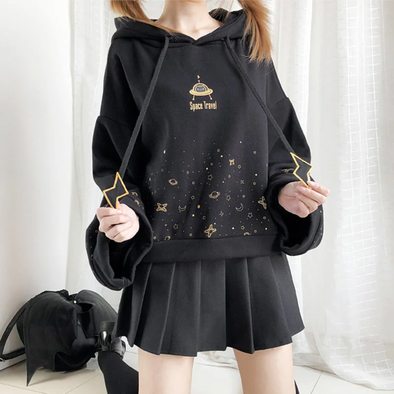 Autumn Women Kawaii Short Hoodie Harajuku Flare Long Sleeve Starry Sky Print Lightning Embroidery Drawstring Hooded Sweatshirt