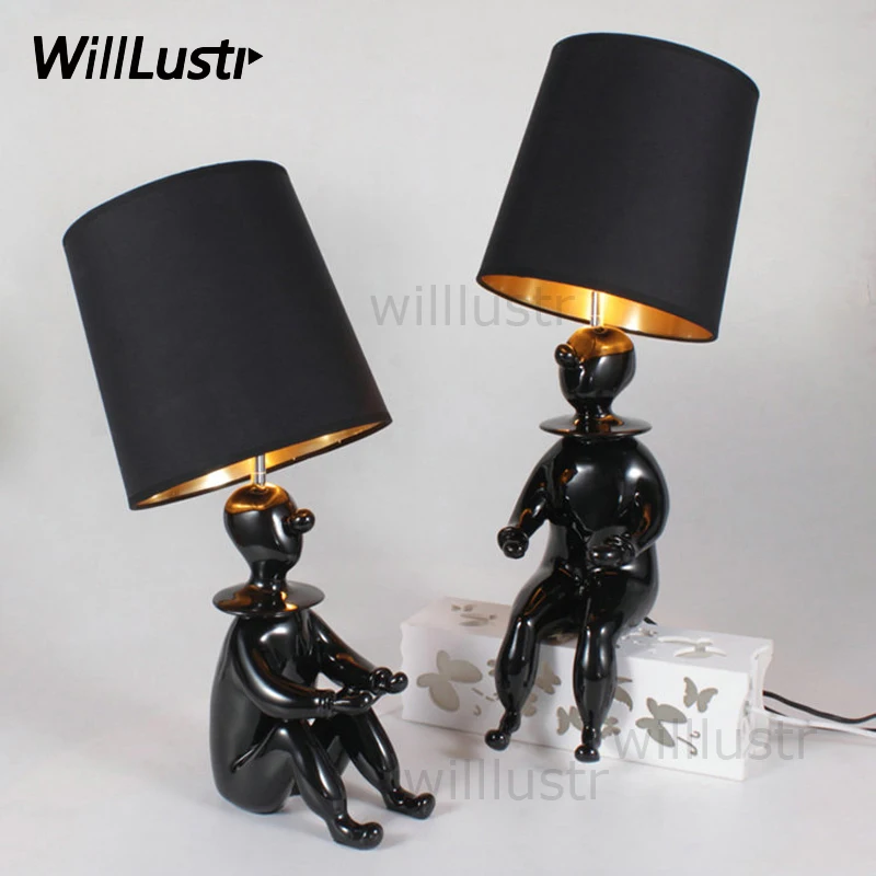 Luminária de Mesa Moderna Willlustr Jaime Hayon Clown em Resina Preta e Branca para Escritório, Sala de Estar, Sofá, Quarto e Iluminação de Cabeceira