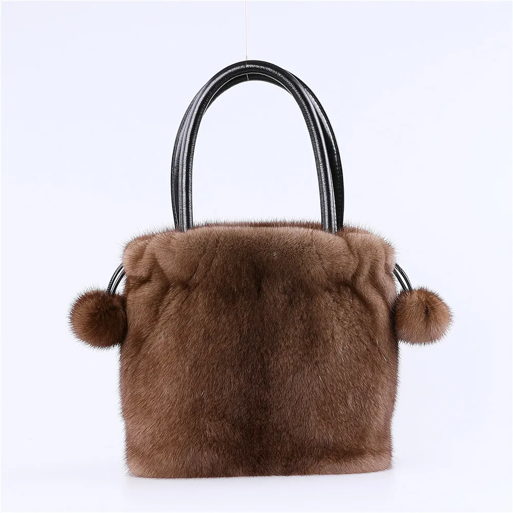 

Luxury Ladies Handbag Real Mink Fur Tote Bag Women Draw String Fur Bag With Two Balls