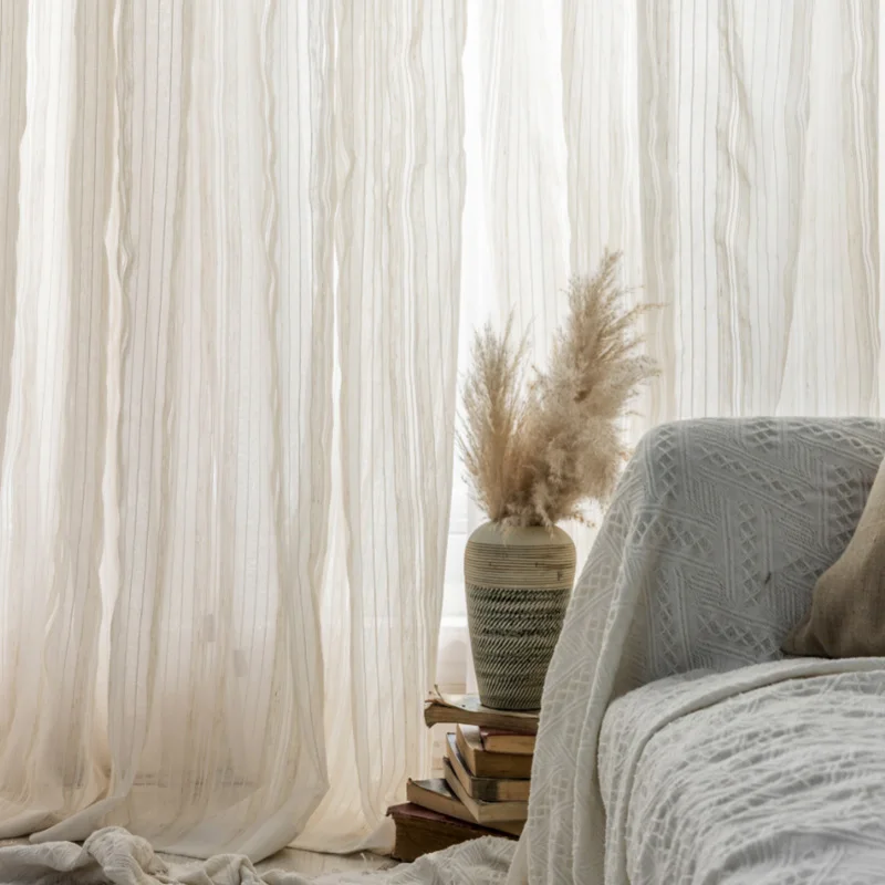 Japanese type contracted cotton linen stripe sheer curtains for balcony tulle shade kitchen bedroom sitting room curtains