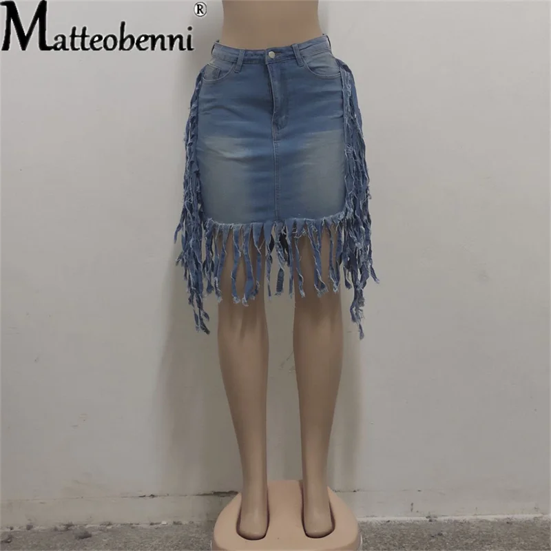 Women High Waist Sexy Jeans Skirts Top Quality Cotton Irregular Hole Ripped Tassel Denim Skirts Ladies Casual Street Short Skirt