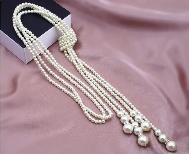 Classic double knot imitation pearl tassel long necklace long knotted tassel necklace female fashion sweater costume jewelry gif