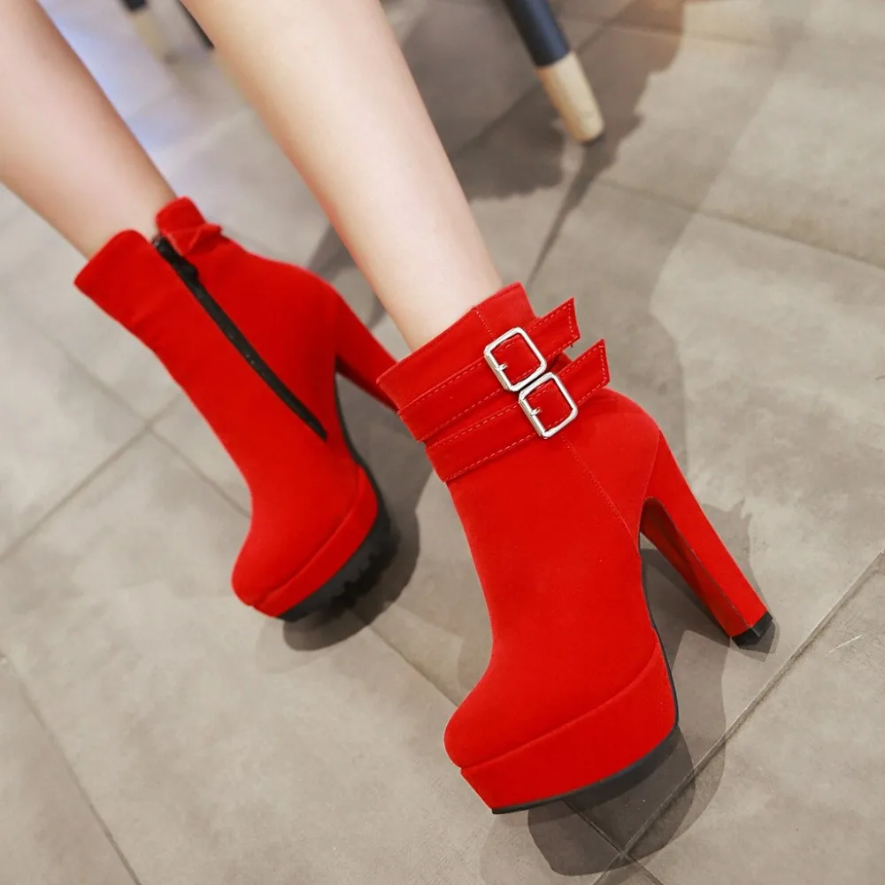 Lasyarrow Wholesale Ankle Boots Thick High Heels Women Boots Sexy Buckle Round Toe Platform Ladies Shoes Large Sizes 34-50