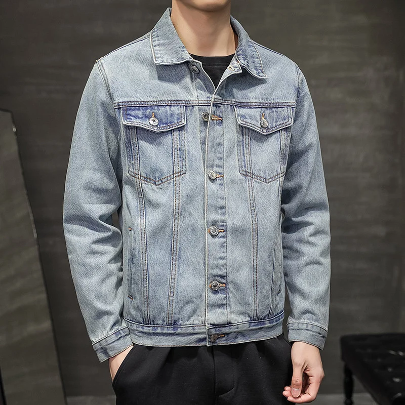 Men Denim Jacket Streetwear Hip Hop Jean Retro Solid Color Casual Loose New Spring White Crane Embroidery Lapel Fashion Slim Fit