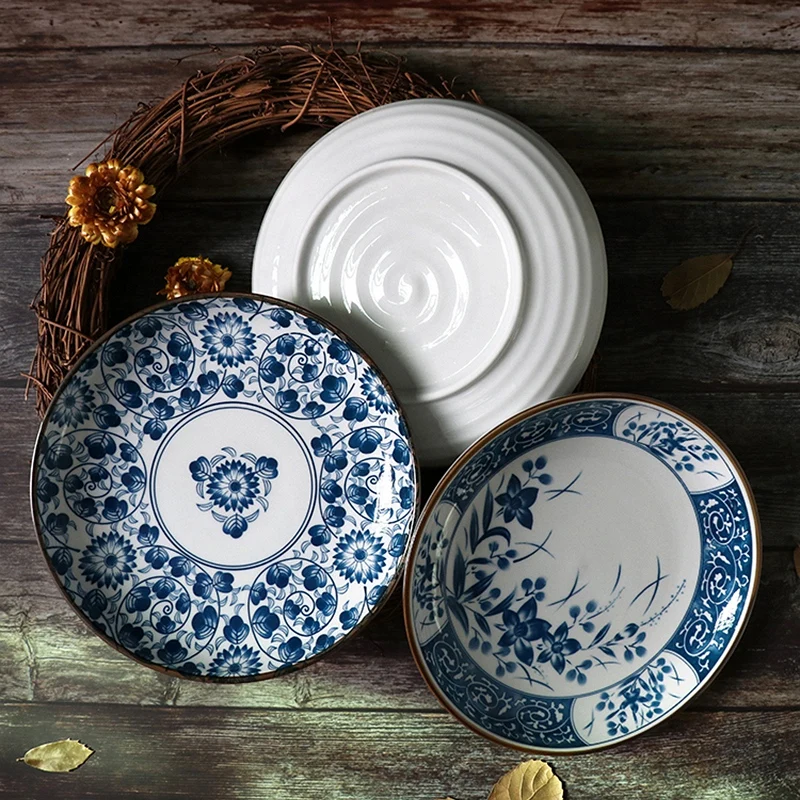 8 inch Japanese Dinner Plate Blue and White Ceramic Dinner Dishes Lotus Orchid Design Dinnerware Steak Pasta Dishes