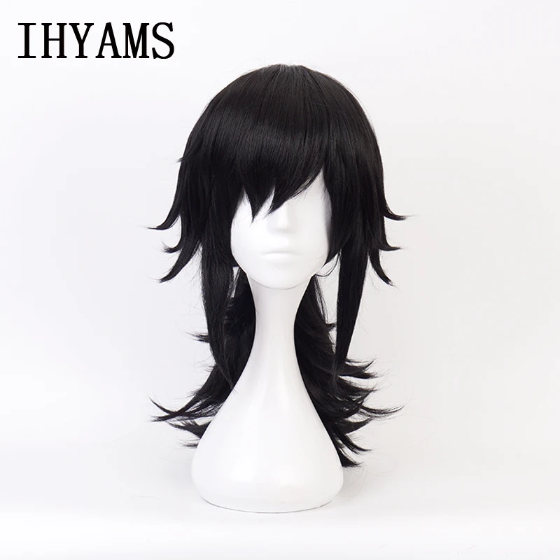 Tomioka Giyuu Cosplay Wig Black Chip Ponytail Heat Resistant Synthetic Hair Wigs + Wig Cap