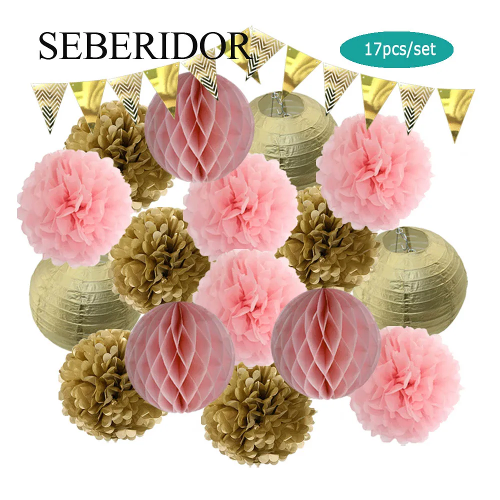 Wedding Engagement Party Favor Gold Pink Set Round Paper Lantern Baby Boy Girl 1st Birthday Decor Folding Ball Honeycomb Banner