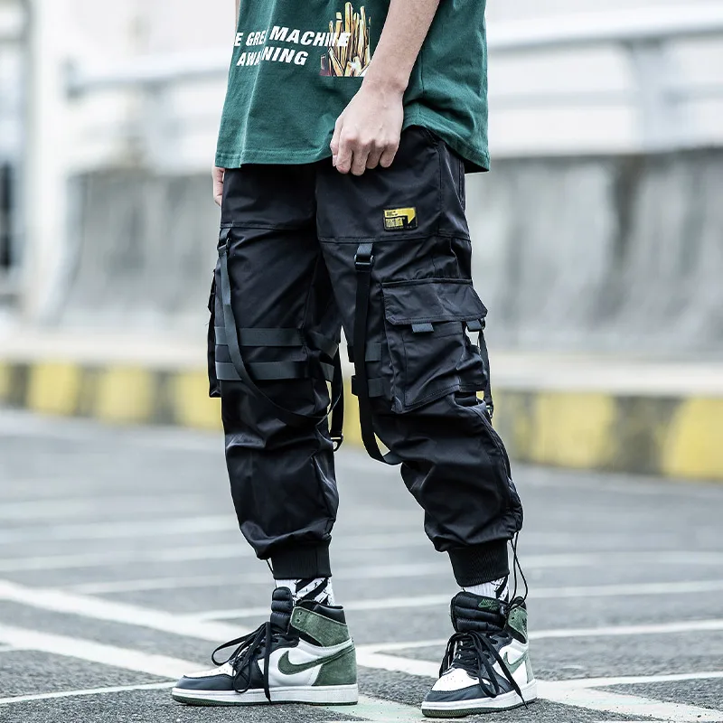 

Harajuku jogger Hip hop Ribbon paratrooper Men's clothes multi-pocket loose cargo pants tide foot overalls tide Street dress