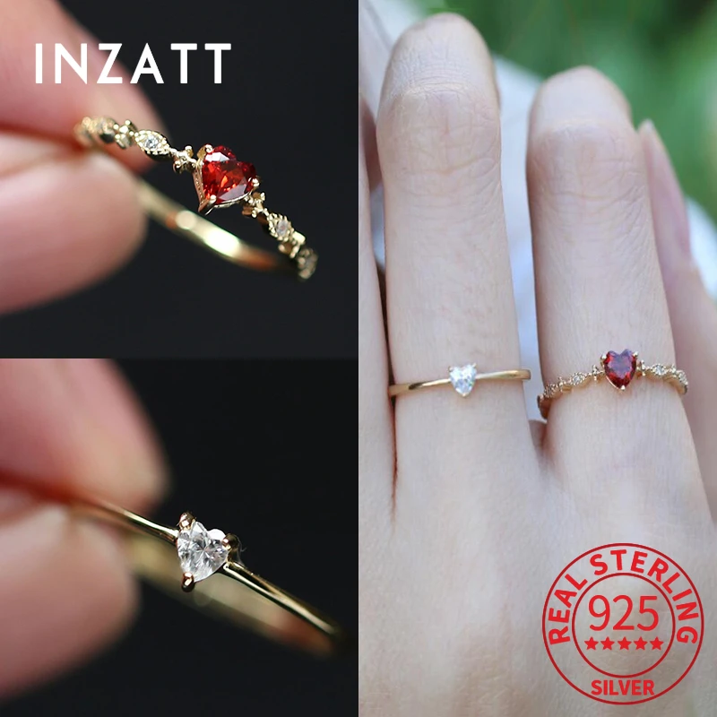 INZATT Real 925 Sterling Silver Zircon Heart Red Crystal 14K Gold Ring For Fashion Women Charm Fine Jewelry Cute Accessories