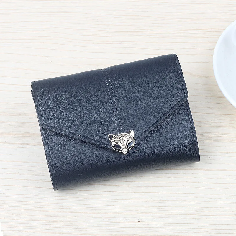 Fashion Short Little Fox Head Three-folding Female Wallet with Lychee Pattern Simple Fashion Buckle PU Wallet Card Holder